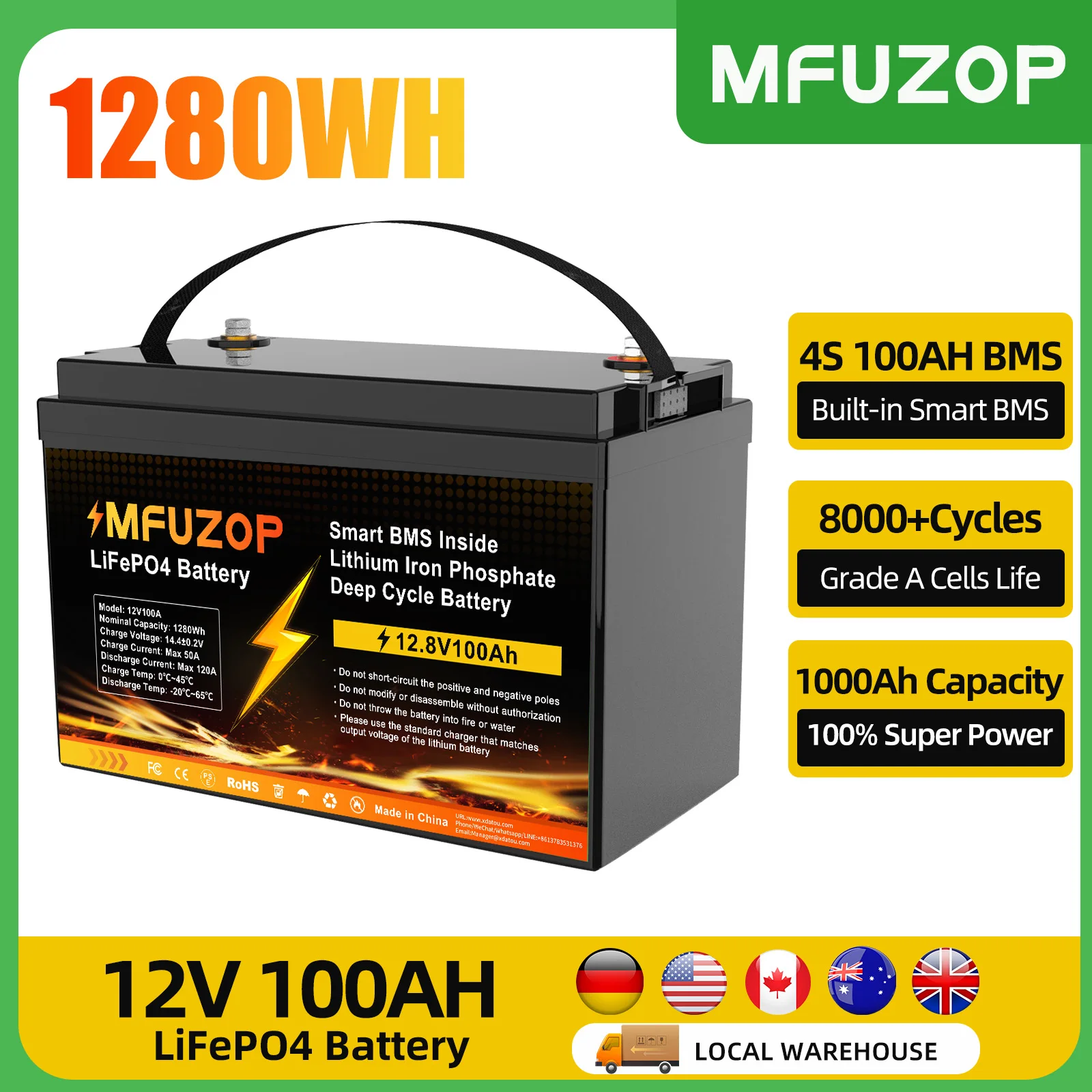 

MFUZOP 12V 100AH LiFePO4 Battery Duty Free Lithium Iron Phosphate Batteries for Inverter Car Lighter Solar US Fast Delivery