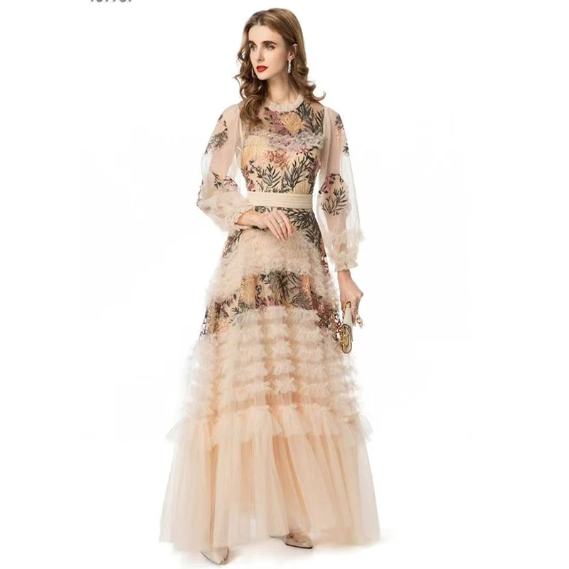 Primavera e autunno nuovo stile fata girocollo ricamo + bordo foglia di loto splicing manica lunga fiore fata serie abito da donna