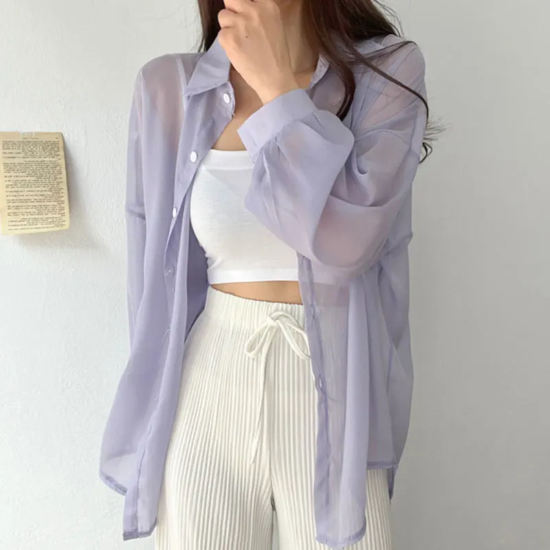 Chique verão casual doce cor lapela único botão solto manga longa proteção solar antung blusa topo moda fena