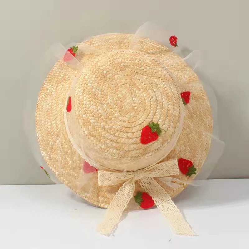 Mesh children\'s straw hat summer girl lace beach hat summer sun protection sun hat boy strawberry decoration sun hat 아동여름모자