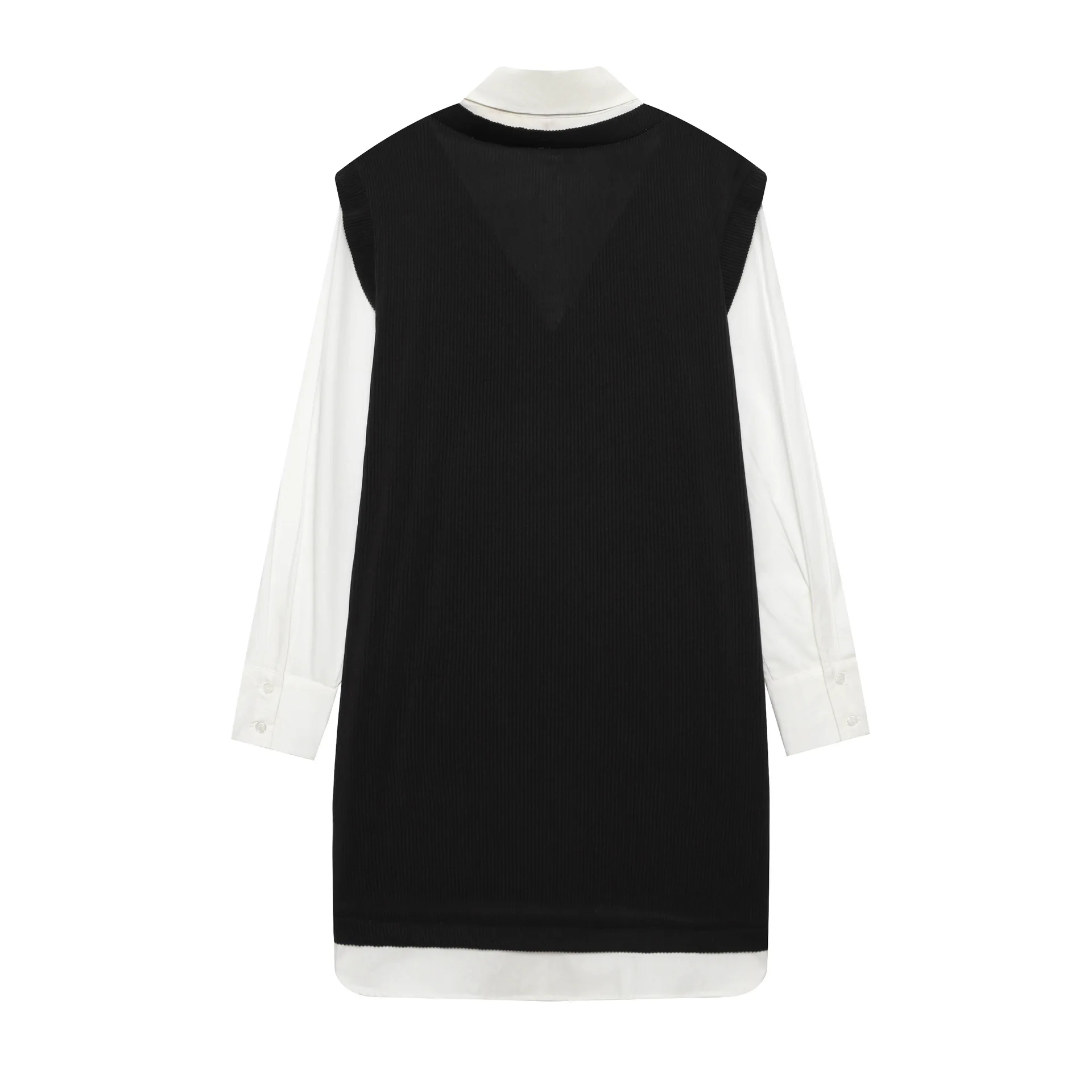 Sukienka z dzianiny imitująca dwuczęściowy komplet, damska, biała koszula z długim rękawem, dekolt w serek, prążkowana, wkładana przez głowę, mini sukienki, eleganckie stylizacje w stylu preppy, 2026