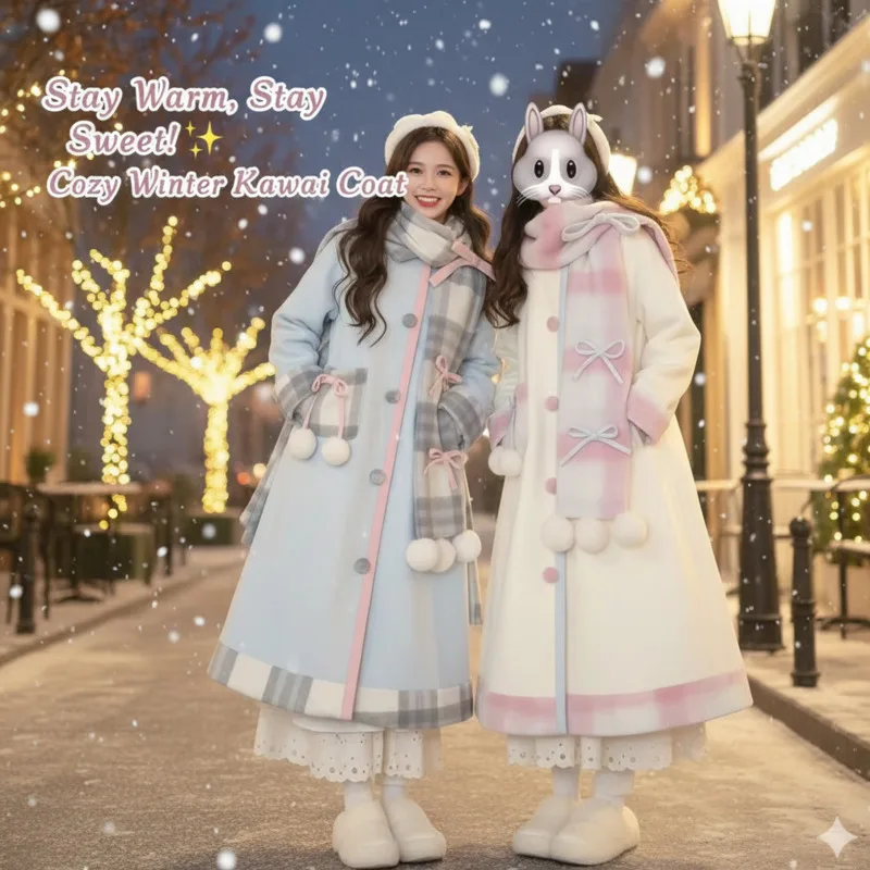

Bow Tie Woolen Coat Jacket Printed Y2K Checkered Scarf Woolen Cream Medium Long Coat Ins Cute Girl Women Retro Coat Jacket New