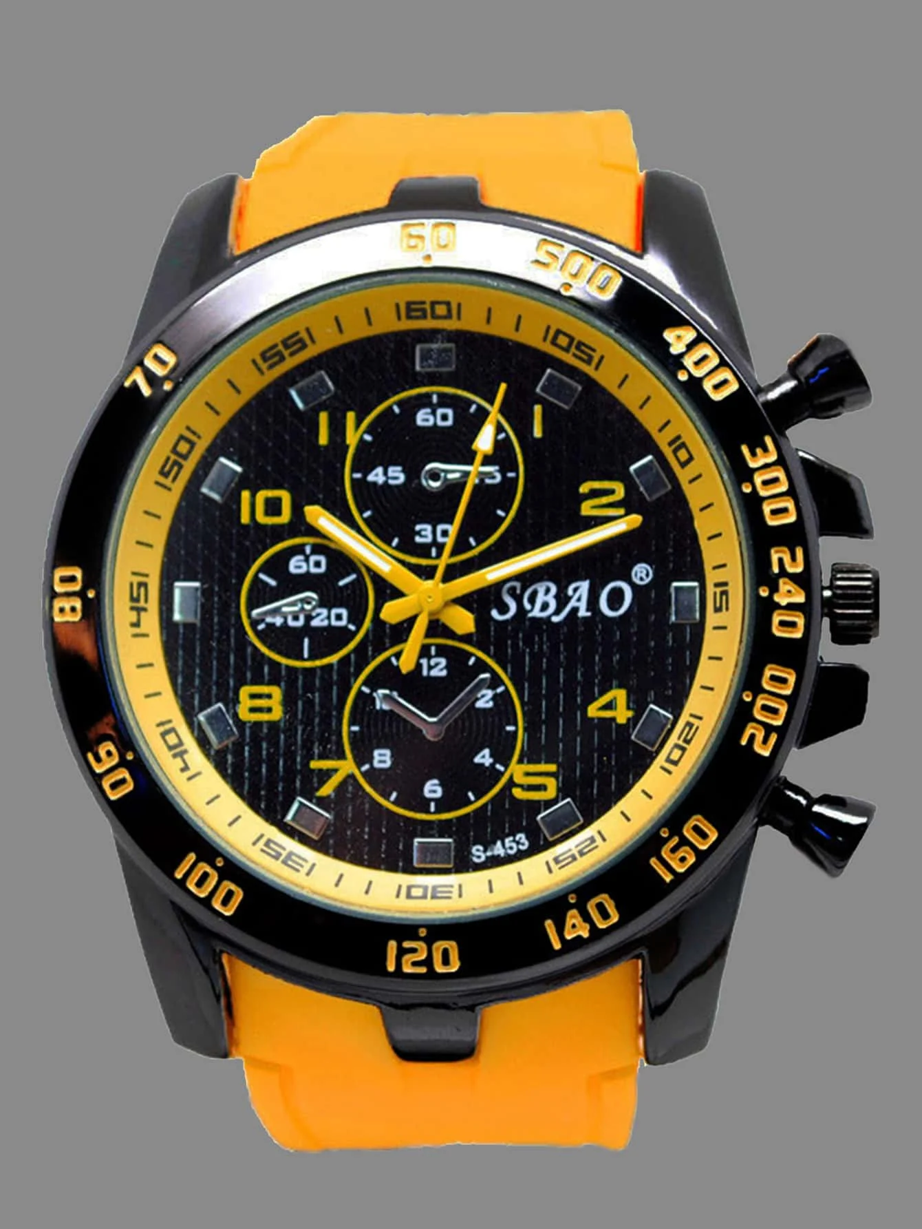 

Мужские спортивные часы-хронограф с черным циферблатом и оранжевым силиконовым ремешком