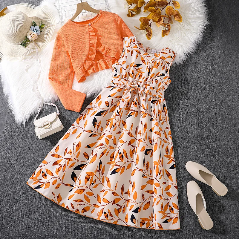 

2024 New Clothing Set Girls Long Sleeve Ruffles T-shirt Print Leaves Orange Dress 2 Pcs Sets Casual Girls Clothes Set 8-12T