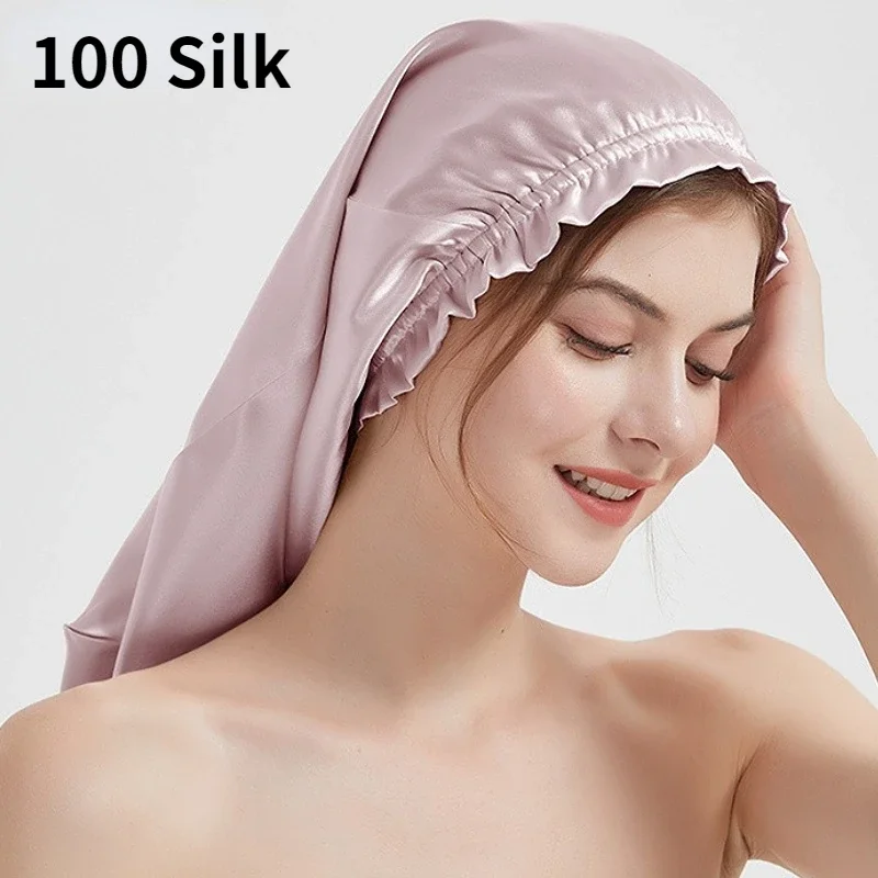 

Natural Silk Long Turban Thick Hair Bonnet Night Cap Turban For Sleeping Curly Hair Silk Bonnet For Sleep Elastic Silk Hair Wrap