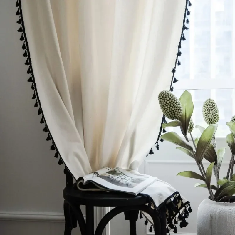 Solid Color Tassel Curtains Semi Blackout Cotton Blend Rod Pocket Boho Style Window Drap Semi-Sheer Curtains Living Room Bedroom