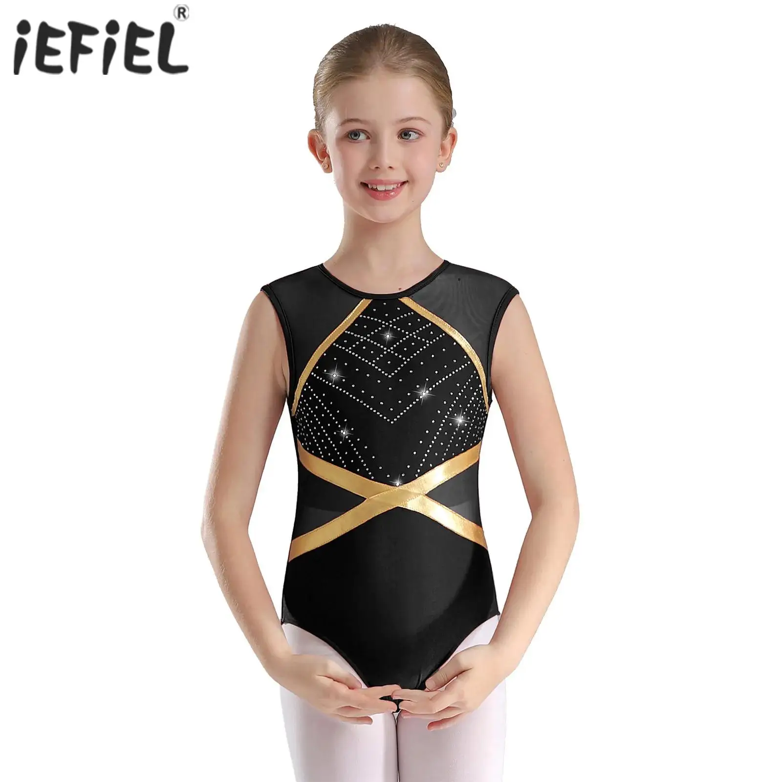 Kids Girls Glittery Rhinestones Gymnastics Ballet Jersey Leotard Artistic Skating Dance Costume Keyhole Back Sleeveless Bodysuit