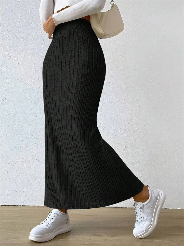 Women Rib-knit Side Split Maxi Skirt Autumn Spring Casual Elegant High Waist Straight Skirt