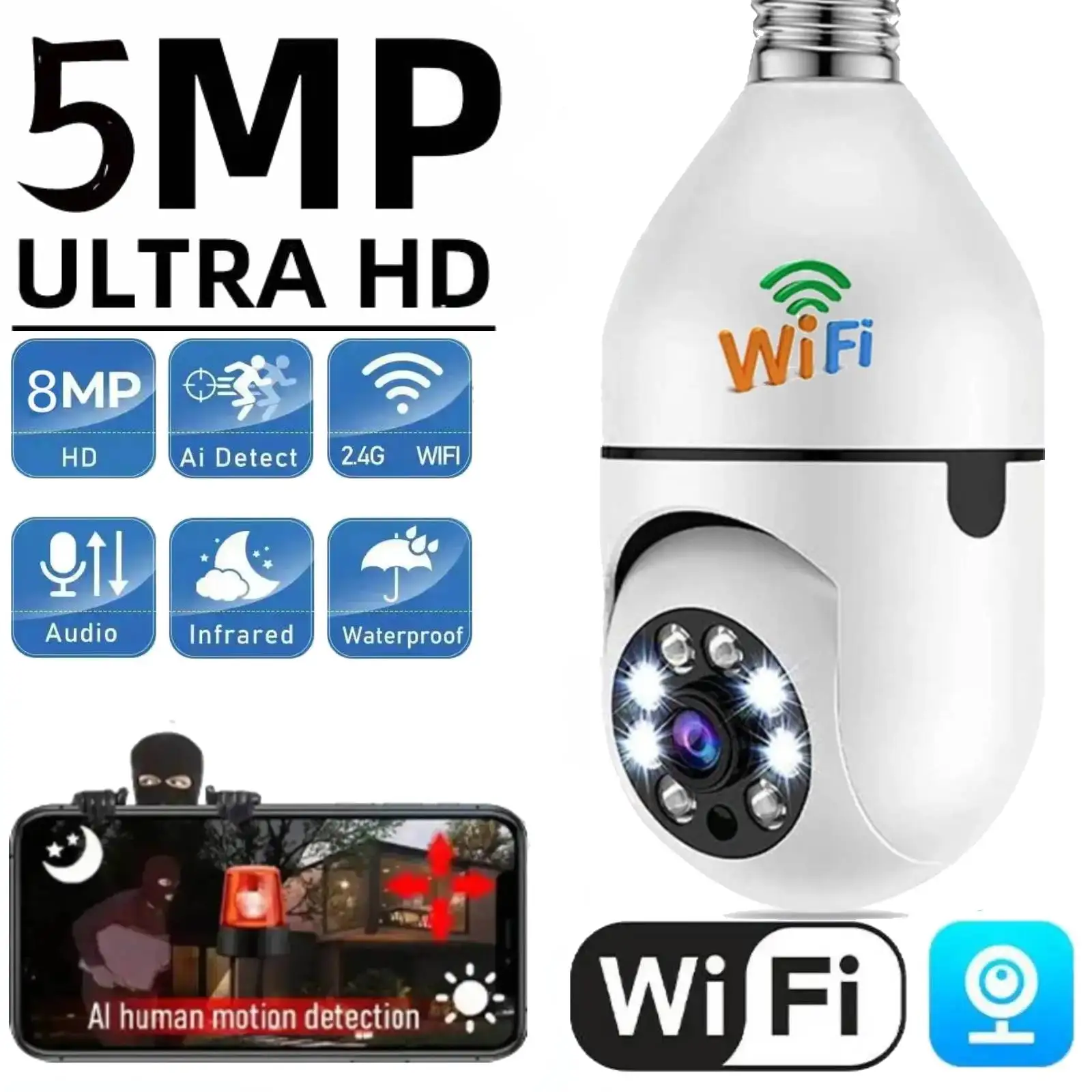 camera home inteligente sem fio com visao noturna lampada 5mp wifi e27 zoom digital 4x ai human detect full color camera de vigilancia 01