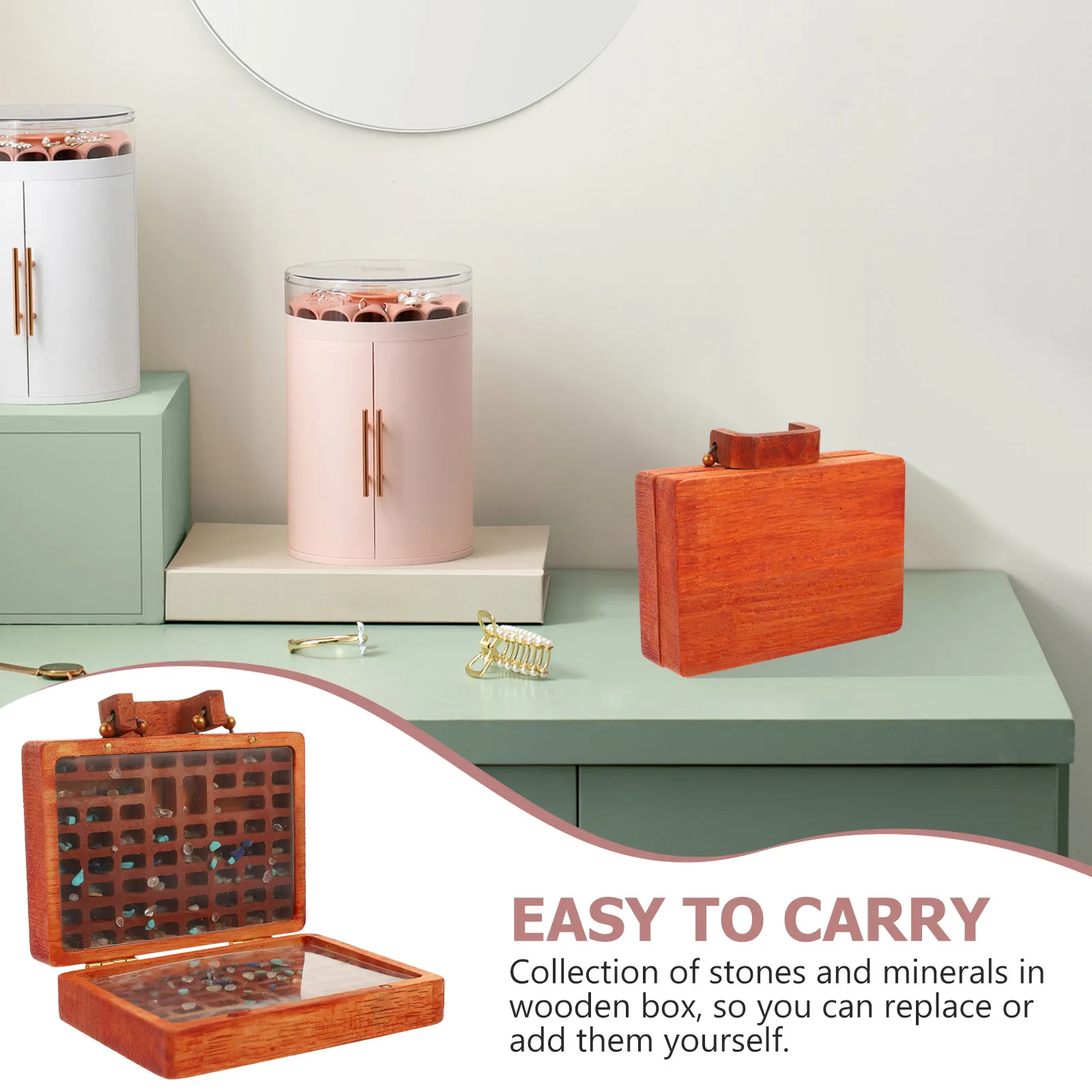 

Stone Collection Box Wooden Gemstone Holder Retro Style Crystal Display Case Portable Storage Box for Minerals and Trinkets