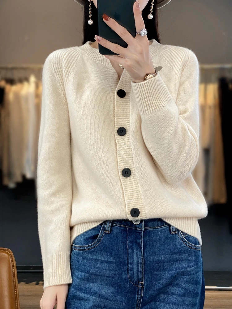 Women100% Merino Wool Cardigan Long Sleeved Seamless Cashmere Knitted Cardigan Loose Fashionable Sweater Tops New Spring Autumn