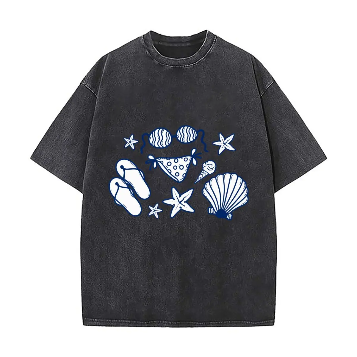Summer Beach Starfish Seashell Sunglasses Bikini Ice Cream Flip Flops Pattern Washed Vintage Short Sleeve Loose Streetwear Tee