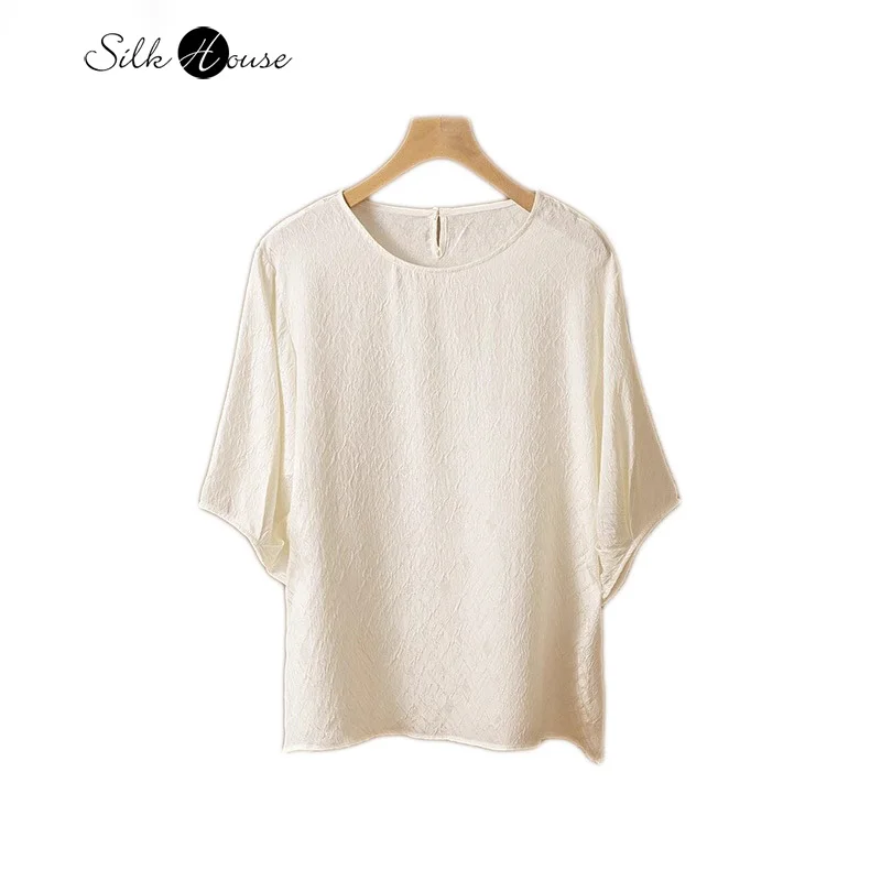 

2024 Women's Fashion Summer New 100% Natural Mulberry Silk GuanLe Crepe Round Neck Versatile Solid Color Short Sleeve T-shirt