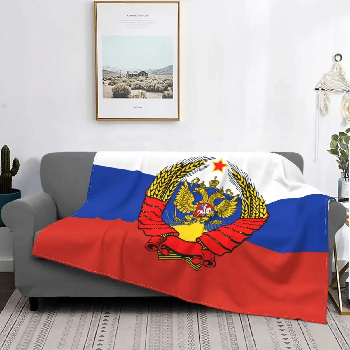 Flag of Russia with Soviet Eagle Blanket Soft Fleece Warm Flannel Coat of Arms Throw Blankets for Sofa Travel Bedroom Bedspreads