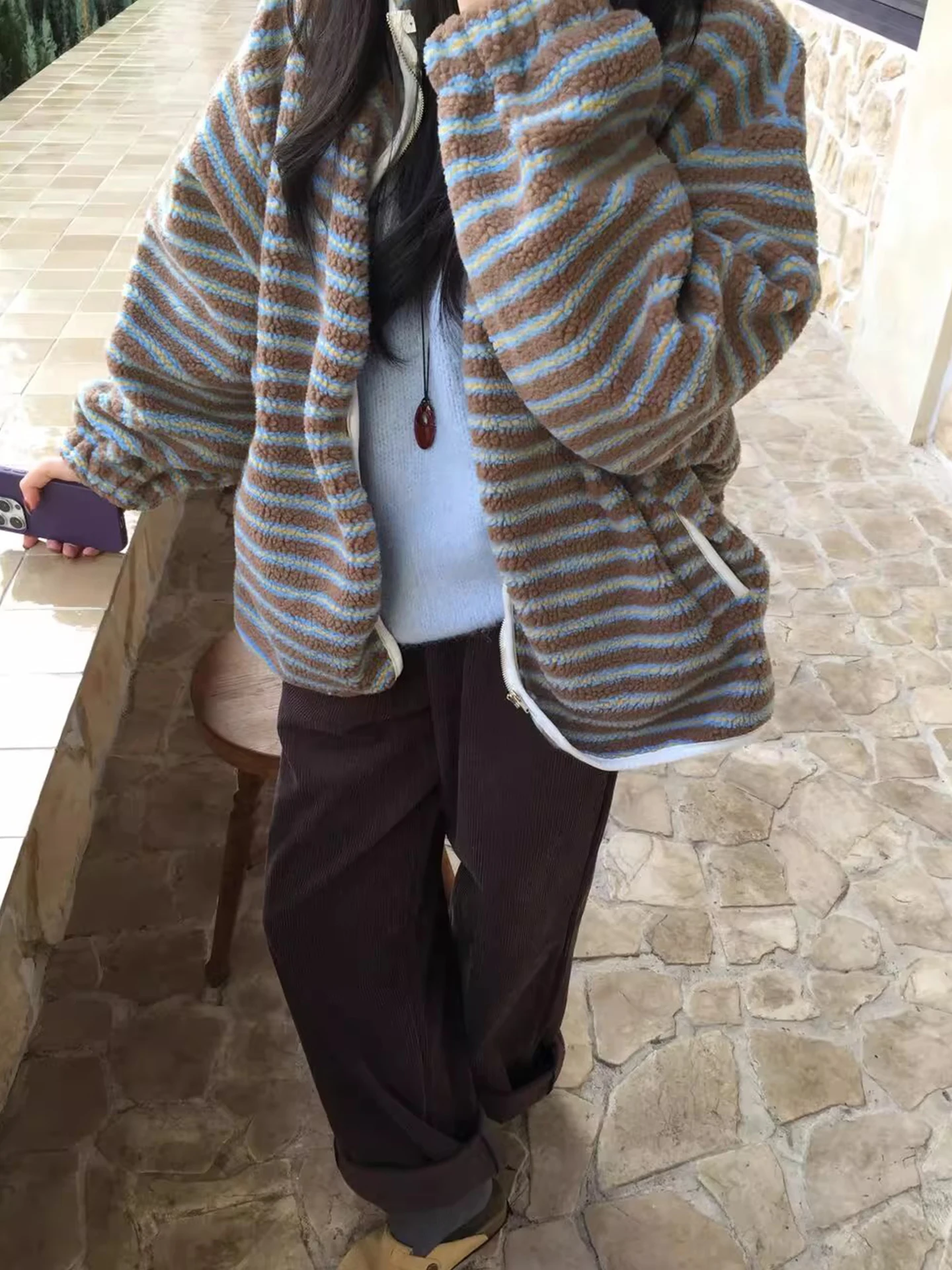 الرجعية مكافحة الشيخوخة اللون بلو تقليم فرو الضأن القطن Jaet المرأة فضفاضة الشتاء الدافئ ملابس خارجية طويلة Sve سستة إغلاق #3