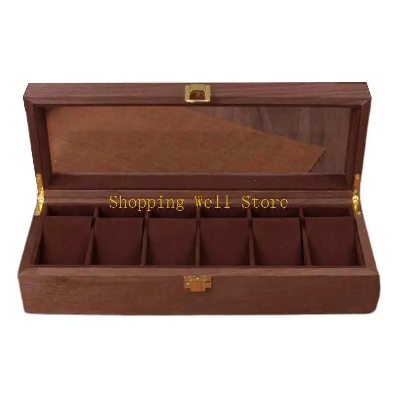 KX4B 6 Slots Wooden Watch Box Jewelry Bracelet Storage with Transparent Lid Watches Display for Case