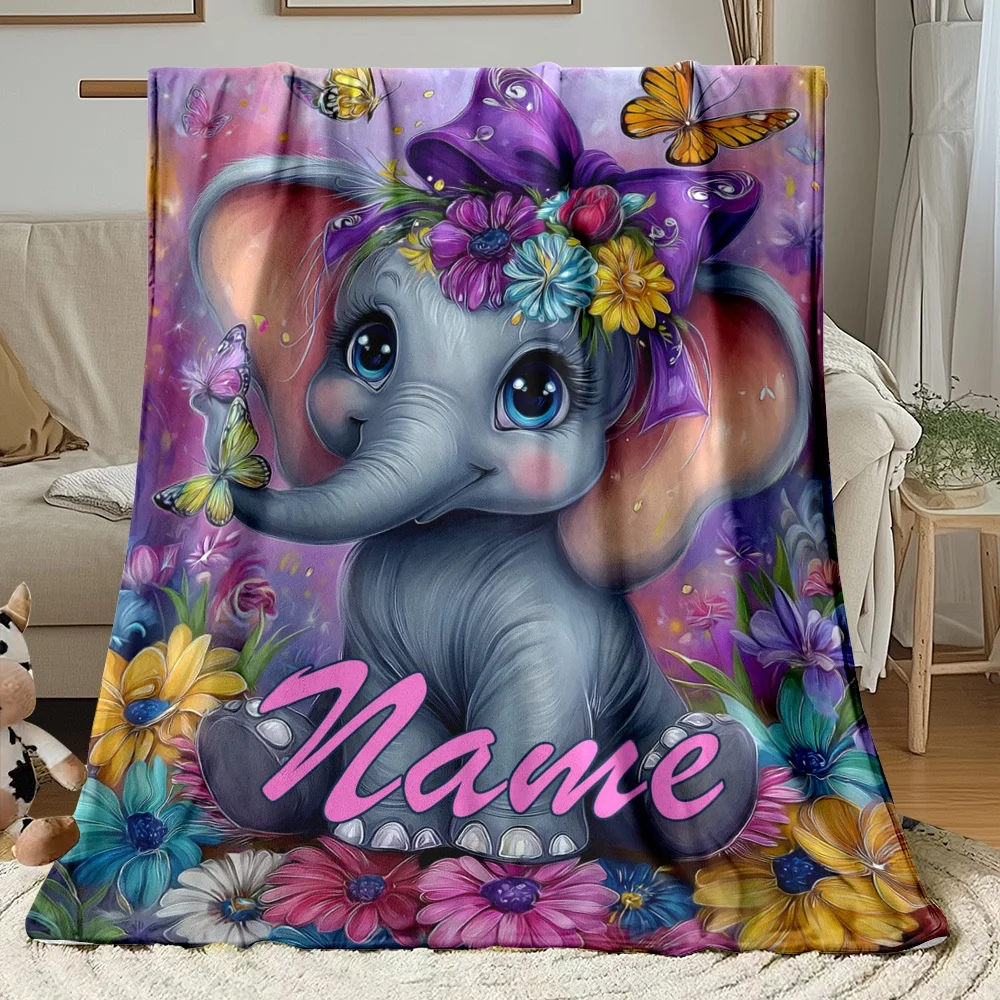 1Pc Personalized Elephant Pattern Custom Name/Text Flannel Blanket, Soft and Comfortable,Suitable for Office, Home, Holiday Gift