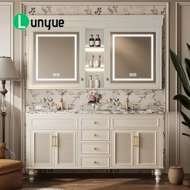 Luxury Modern Double Sink Bathroom Vanity with Smart Defogging Mirror Wall Mounted Wood Storage Cabinet for Hotel Home