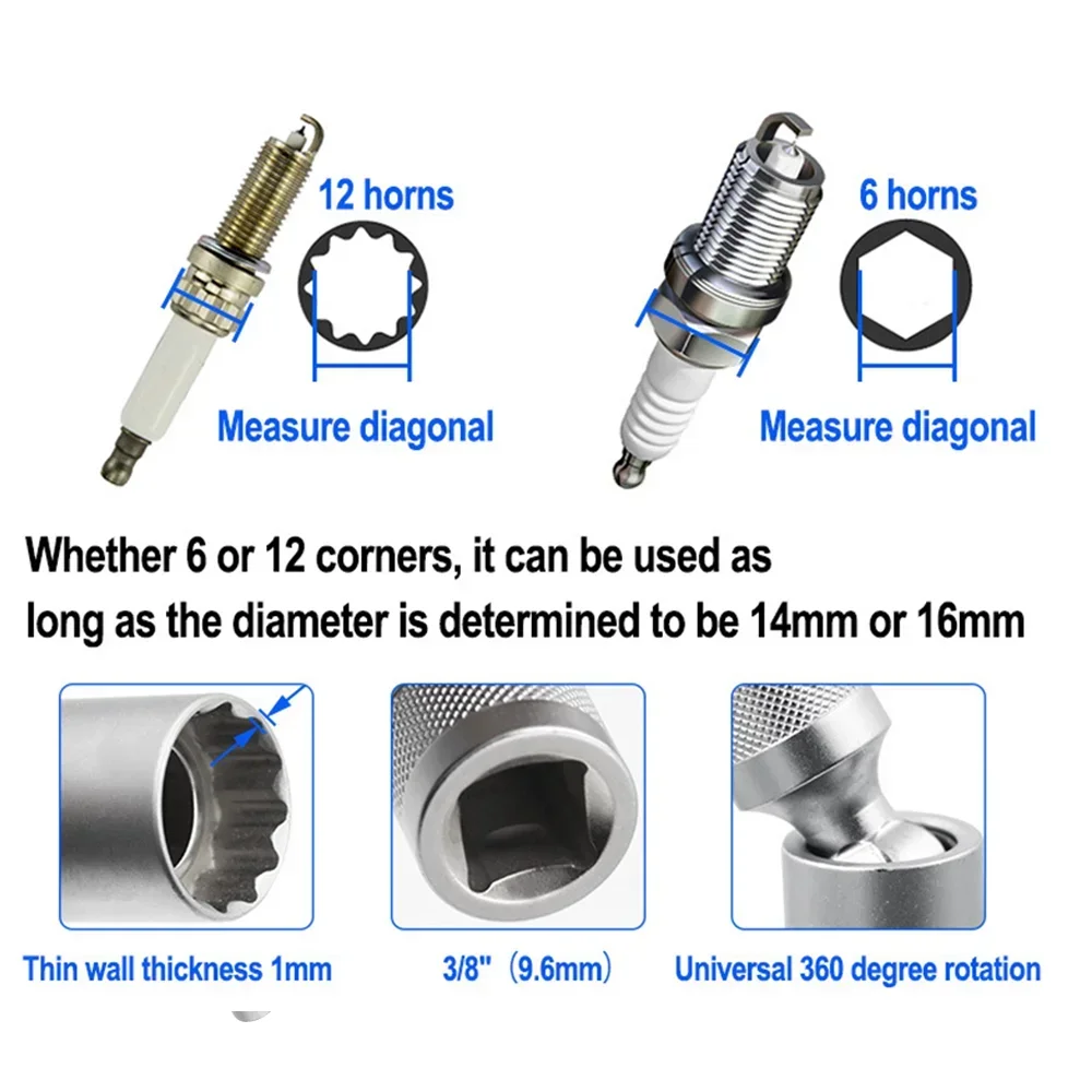 14/16mm Spark Plug Removal Tool Wrench Magnetic Sleeve 3/8 Inch 12 Angle Repair Key Magnet Pull Out Spark Plugs Car Repair Tools