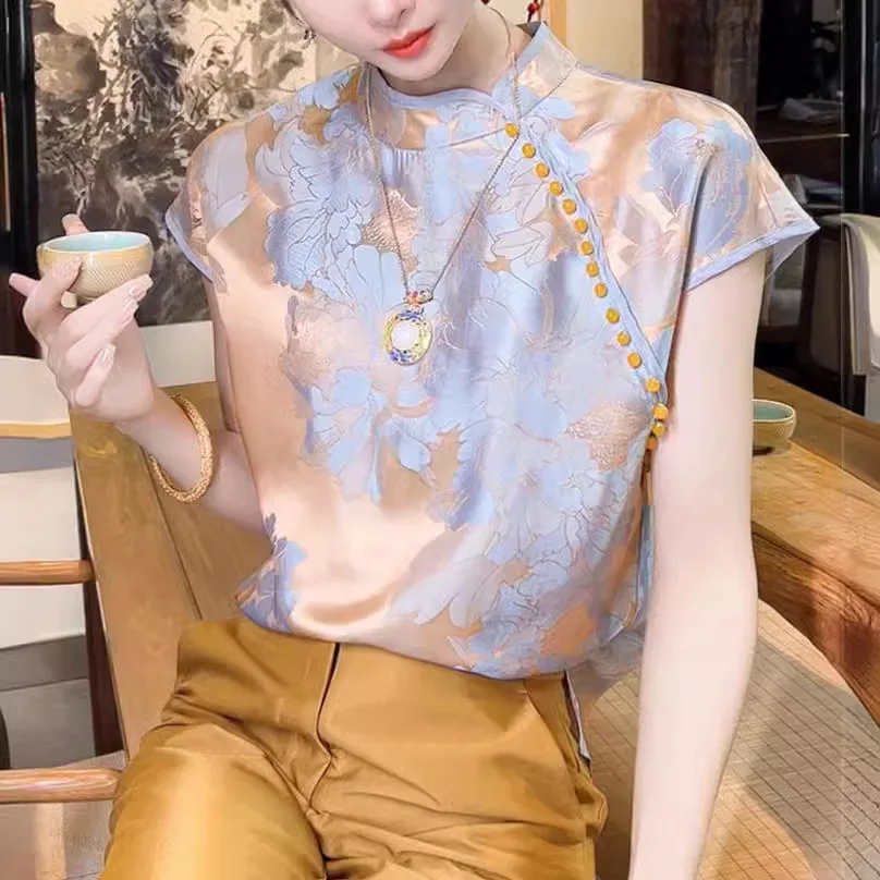 

Jacquard new Chinese women's clothing cloud yarn short sleeved top women's 2024 summer silk shirt