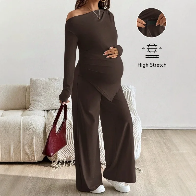 2PCS Spring and Autumn Off-the-shoulder Tight Maternity Clothes T-shirt Adjustable Waist Wide-leg Pants Pregnant Woman Costume