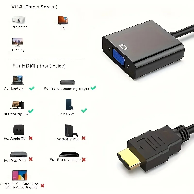 Premium Golden-Plated HDTV to VGA Adapter - Universally Compatible with Multiple Devices - Ideal for Computer, Desktop, Laptop,