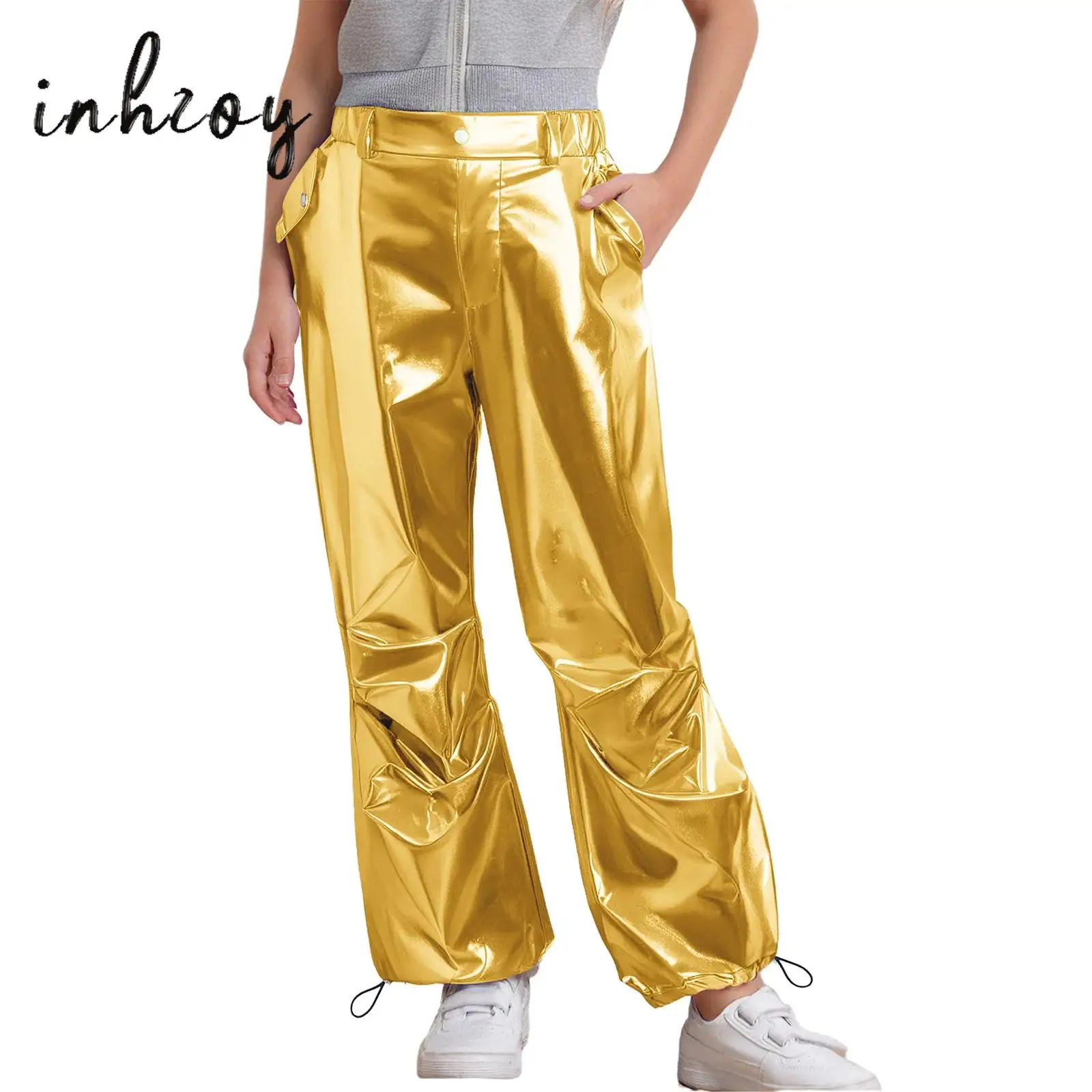 

Kids Girls Jazz Hip-Hop Dance Pants Fashion Glossy Metallic Ruched Cargo Pants Drawstring Leg Opening Trousers Stage Streetwear