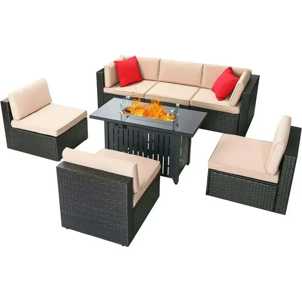 7-Piece Outdoor Patio Sectional Sofa Set with Propane Fire Pit Table and Cushions for Backyard, Bistro, and Poolside (Beige)