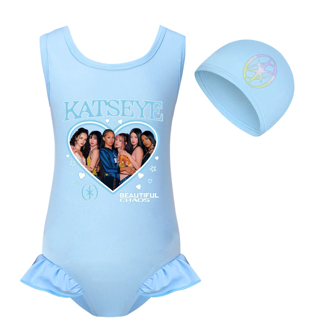 KATSEYE K-pop Swimsuit Set and Swim Cap Kids Backless High Stretch Swimwear Baby Girls Quick-Dry Beachwear Children Bodysuits