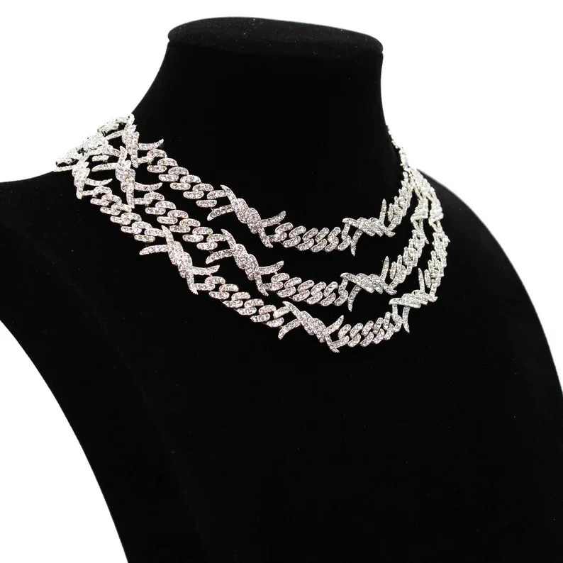 VVS Hiphop Moissanite Iced Out Custom Barbed Wire Cuban Necklace 925 Sterling Silver Novel Cuban Chain.