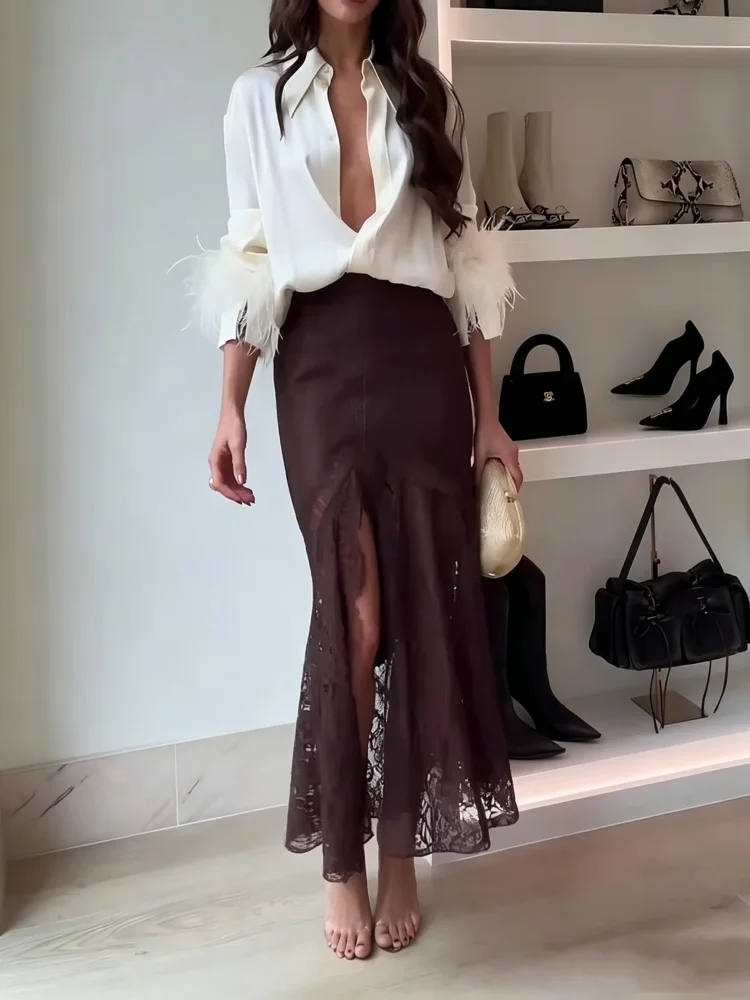 Autumn New Satin Lace Hem High Slip Women Skirts Elegant Slim Zip-up Brown Midi Skirt Ladies Chic Party Evening Club Skirts