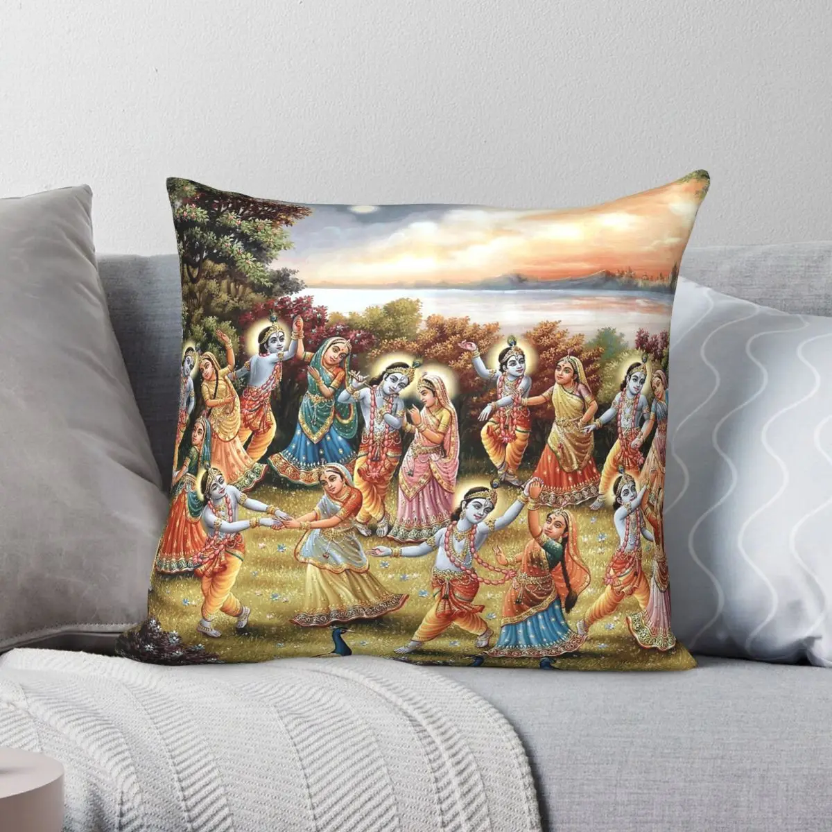 Krishna Dances Raslila With Gopis Square Pillowcase Polyester Linen Velvet Printed Decor Throw Pillow Case Car Cushion Cover 18