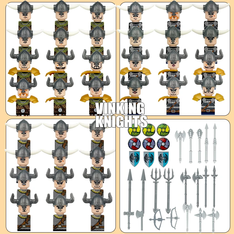 Bloques de construcción de guerrero vikingo militar Medieval, castillo, caballeros, soldado, escudo, espada, casco, ejército, ladrillos DIY, juguetes, regalos