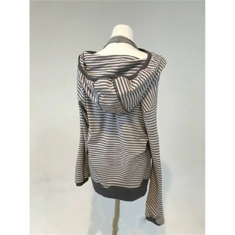 European and American original style concealed button hooded long sleeved striped top casual women's hooded T-shirt top