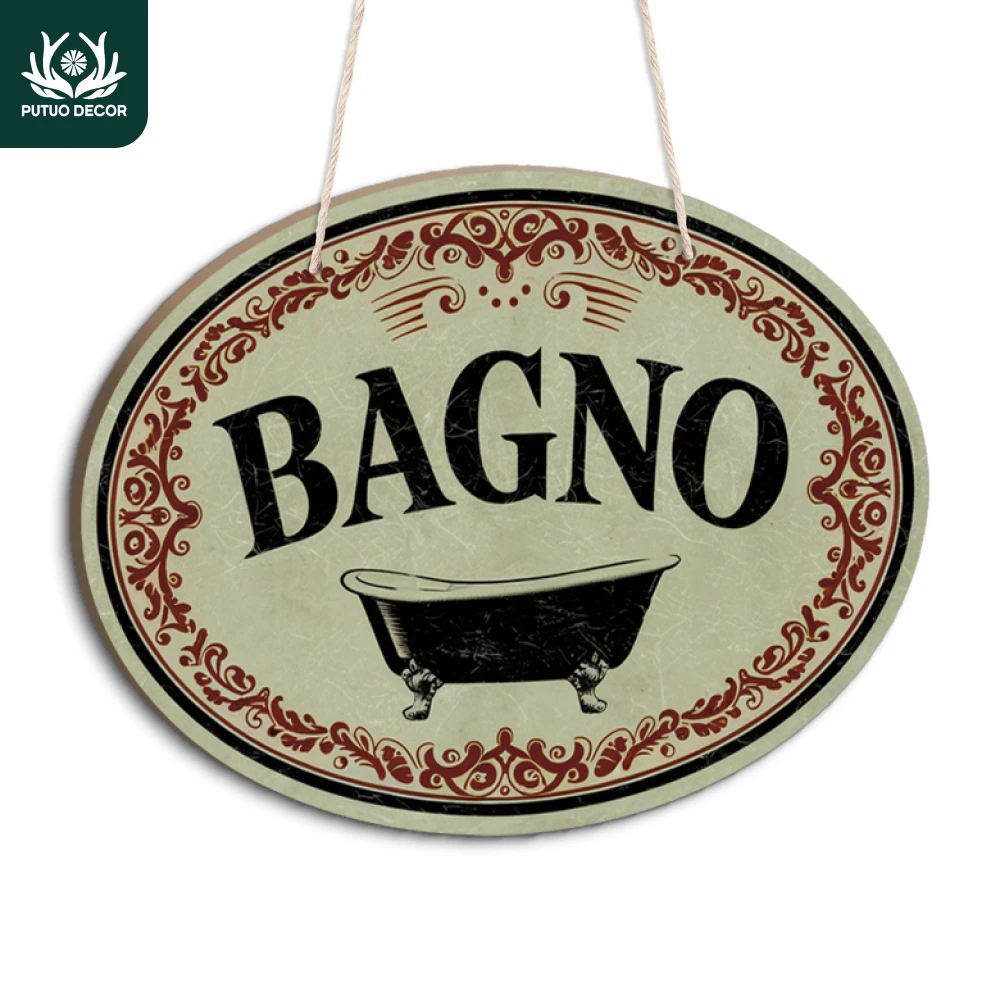 

Putuo Decor 1pc Italian Wooden Hanging Sign Decor, Bagno, Wall Decoration for Home Farmhouse Toilet Washroom Bathroom Rest Room