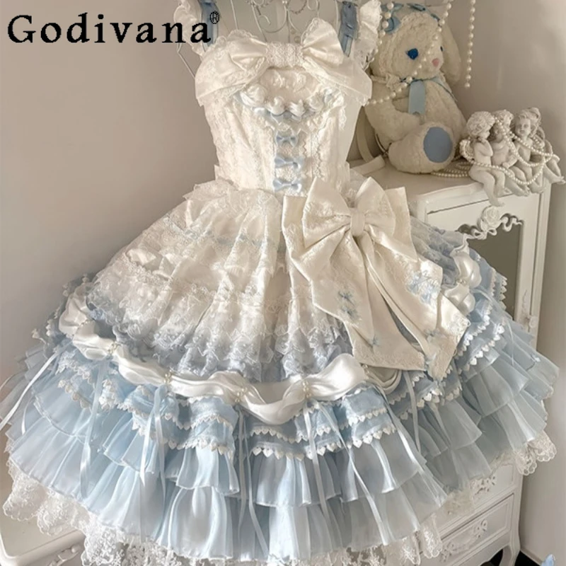 

Blue and White Lolita Dress for Wedding Women's Birthday Grown Up Ceremony Strap JSK Dress Female Princess Lolita Dress