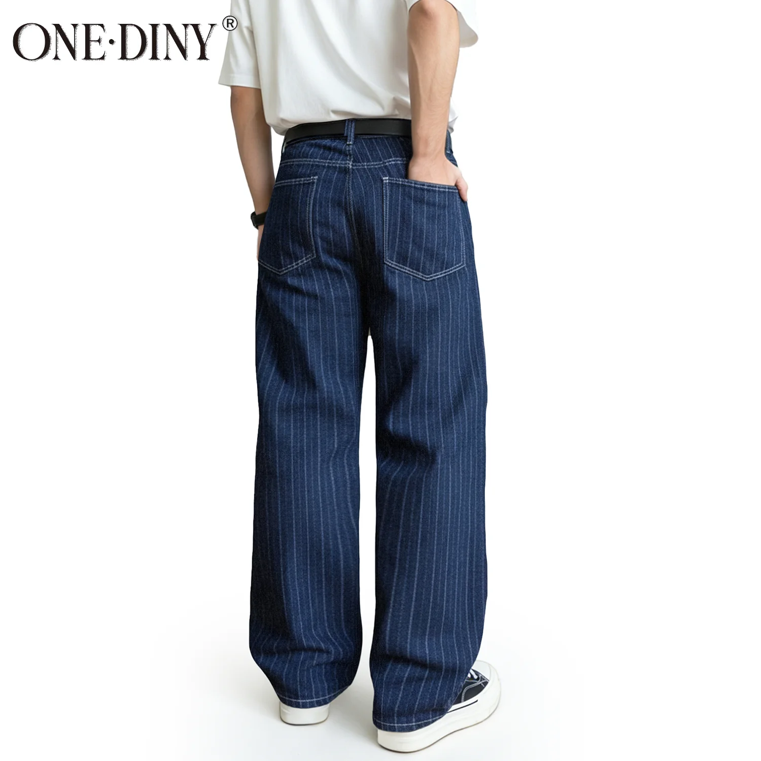 ONE·DINY Japanese-Korean Style Striped Pair Jacquard Straight Leg Men's Jeans Retro Striped Business Straight Denim Pants