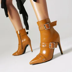 New Arrival Ankle Boots for Women High Thin Heels Buckle Belt Fashion Winter Women Boots Pointed Toe Female Booties WSH5010