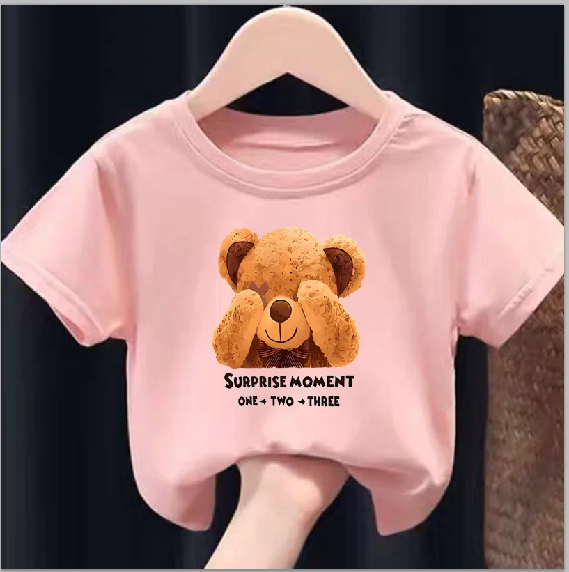 Girls\' Summer Round Neck Short Sleeve T-shirt New Sweet Fashion Bear Print Tops Girls Clothes