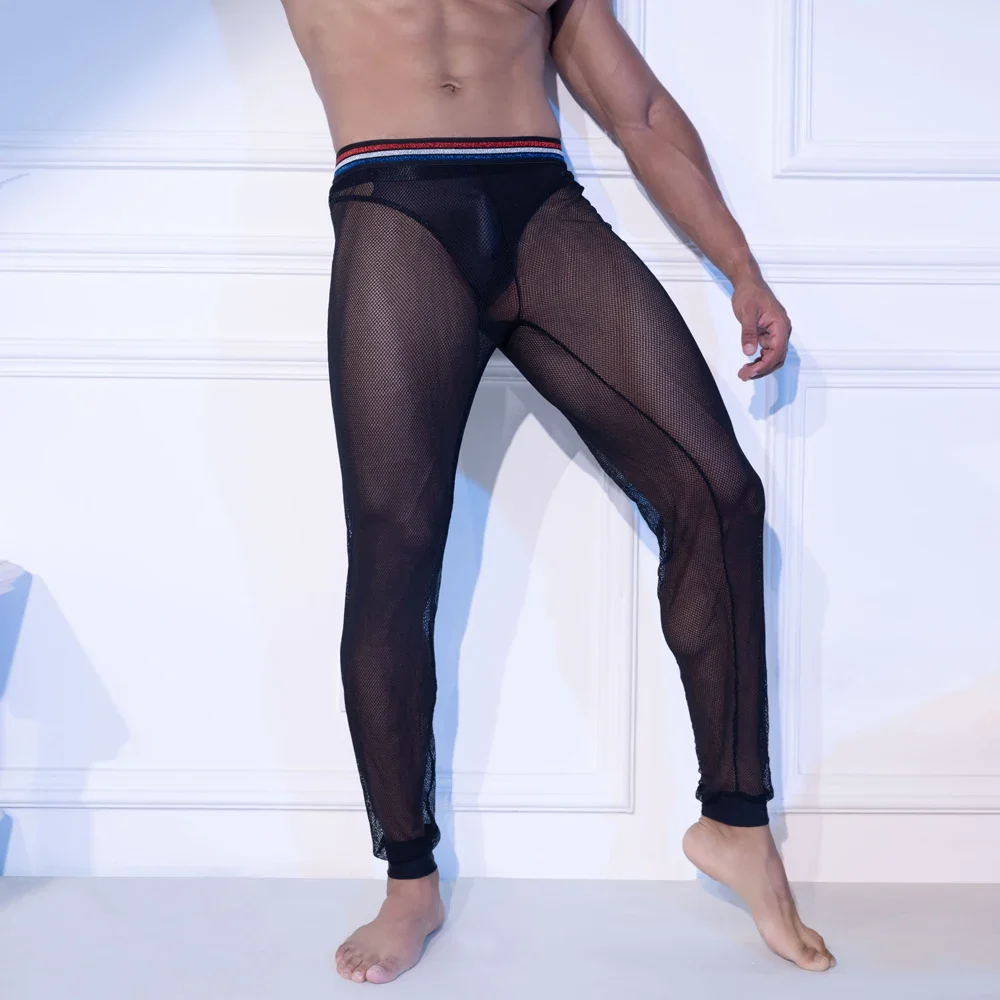 

Sexy Men Mesh See Through Tight Pencil Pants Fashion Club Pants Transparent Pyjama Trouser Sleep Pant Black Home Wear