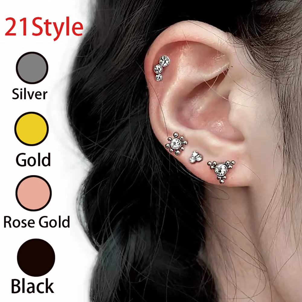 1PC Black Gold Silver Color Steel Plated Zircon Labret Lip Ring Crystal Cluster Ear CartilageTragus Helix Daith Piercing Jewelry