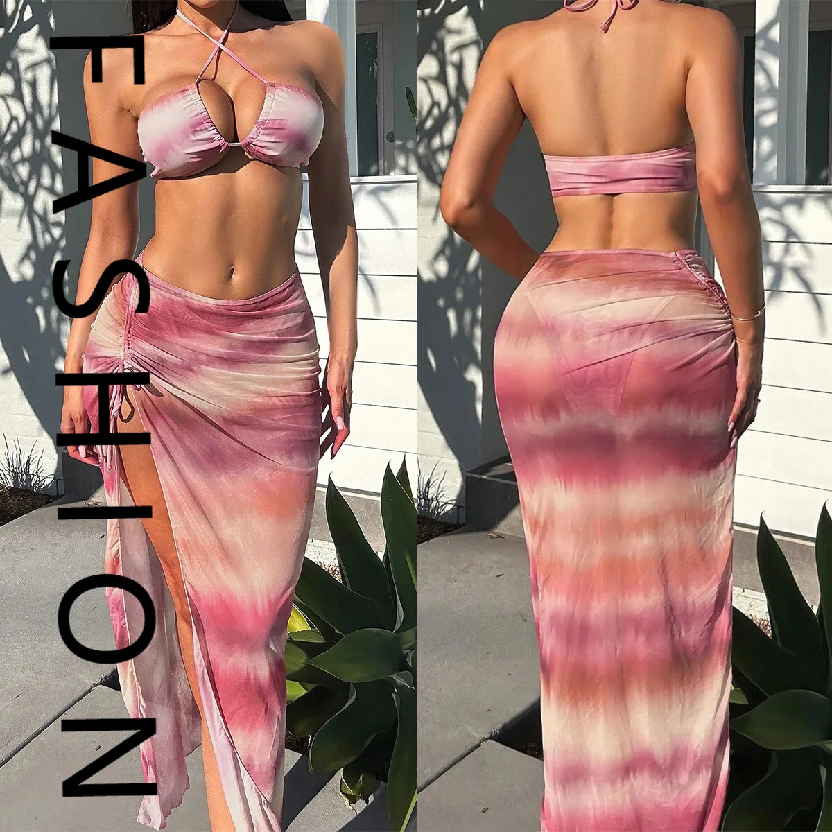 

2025 new bikini swimsuit three-piece resort style tie-dye printed beach sunscreen skirt swimsuit set