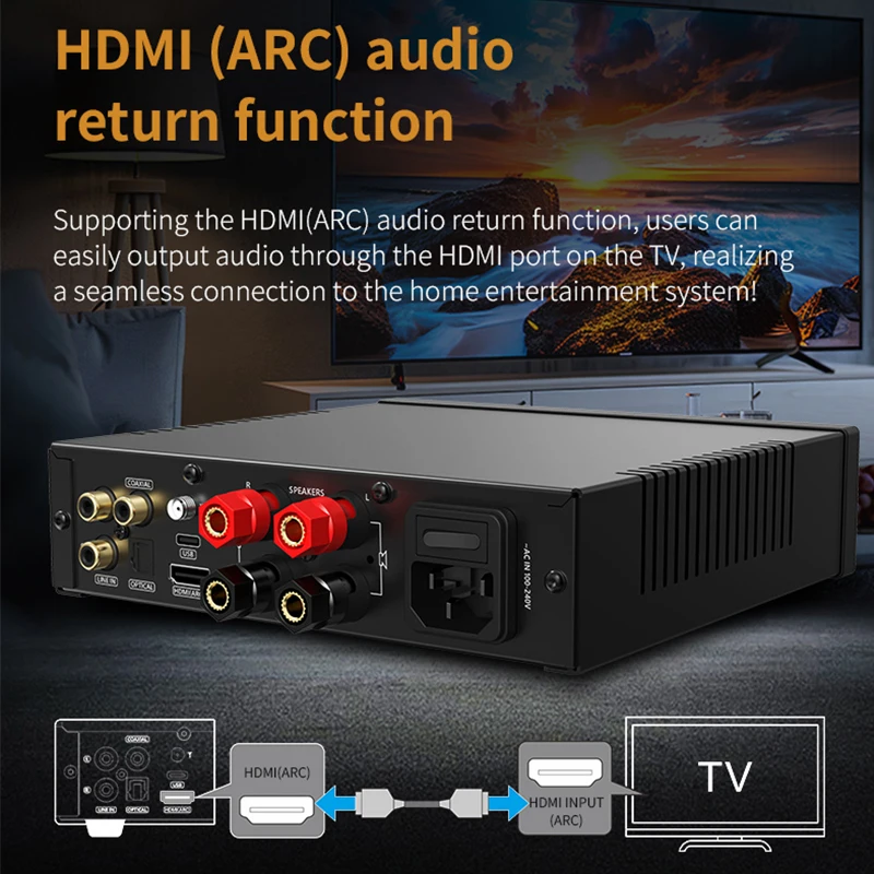 SMSL A200 Усилитель мощности Bluetooth 5.0 Настольный усилитель мощности HIFI Выходная мощность 70Wx2 Поддержка входов HDMI (ARC)