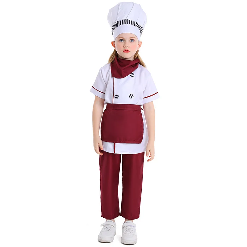 Kids Cook Tshirt Chef Uniform Children Kitchen Hat Cap Work Jackets Restaurant Halloween Performance Stage Party Cosplay Costume view 5