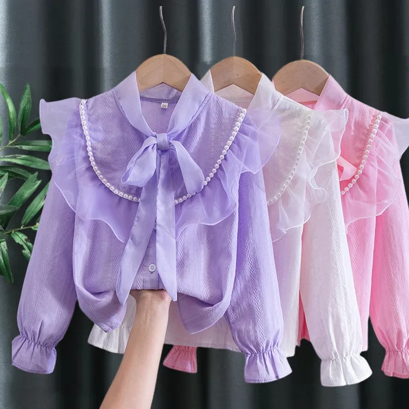 

Girls cotton shirt with lace Children's base layer shirt sun protection shirt children's spring and autumn clothing