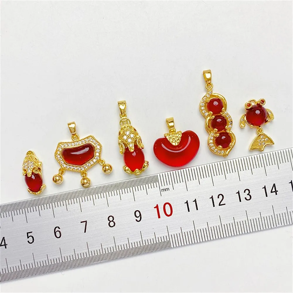 14K Package Gold Color Ruby Bell Lock Pixiu Pendant Small Pendant DIY Handmade Bracelet Jewelry Material Accessories