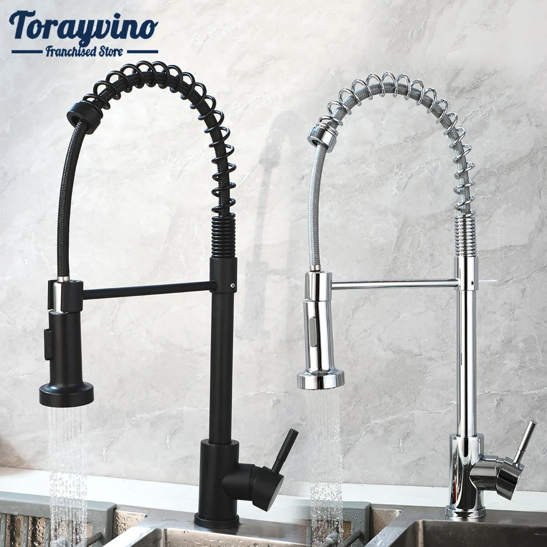 

Torayvino Spring Design Kitchen Sink Faucet Pull Down With 360°Swivel Deck Mount Stream Rainfall Outlet Hot Cold Water Mixer Tap