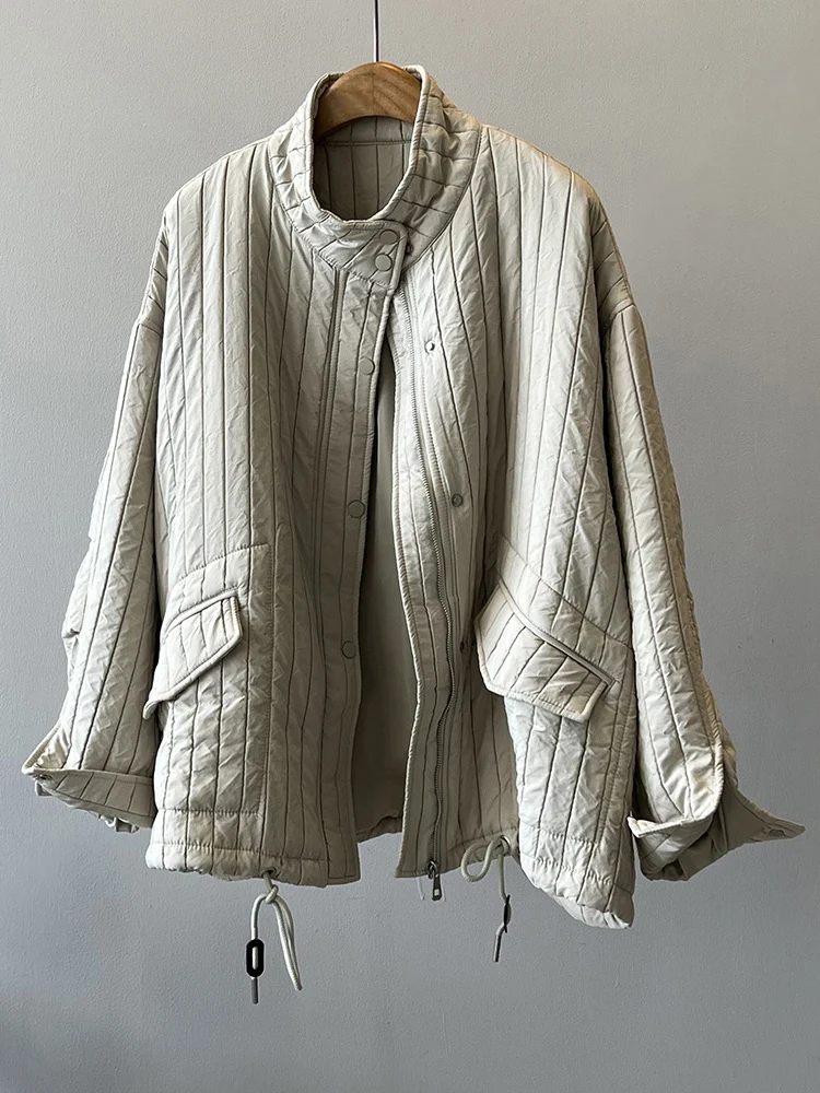 LANMREM-Manteau matelassé en coton rayé de style vintage pour femmes, vestes à col montant avec poches, mode d'hiver, nouveau, 32 Rider