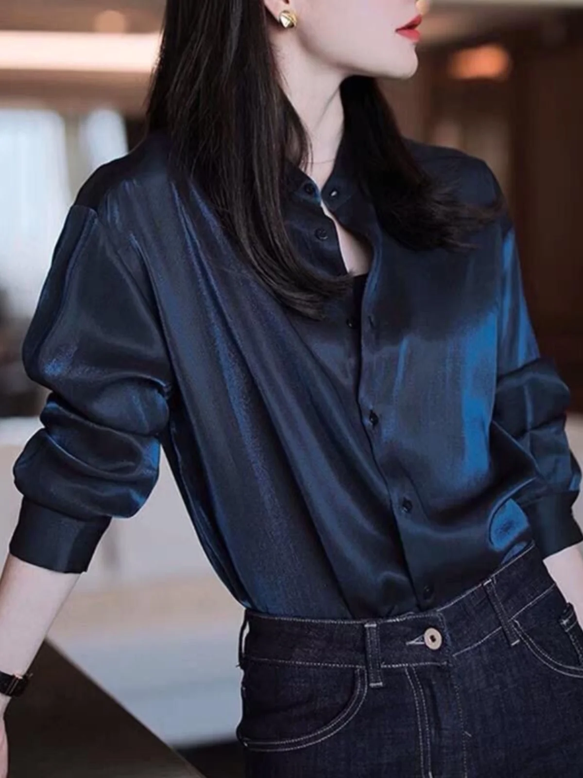 Frühling Neue Ankunft Luxus Licht Indigo Farbe frauen Lange Sve irt Stehkragen Basis Schicht Top Design Sensation Kleine Aud...