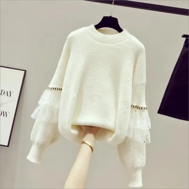 

Fashion Diamonds Lace Lantern Sleeve Sweaters Female Clothing 2024 Autumn Winter New Loose Sweet Pullovers Casual Sweaters